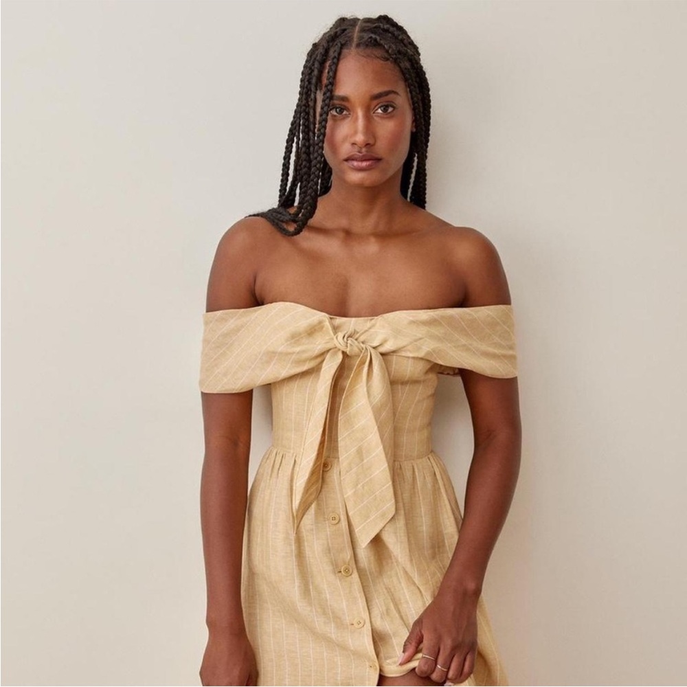 Reformation Yellow Stripe Off-Shoulder Midi Dress